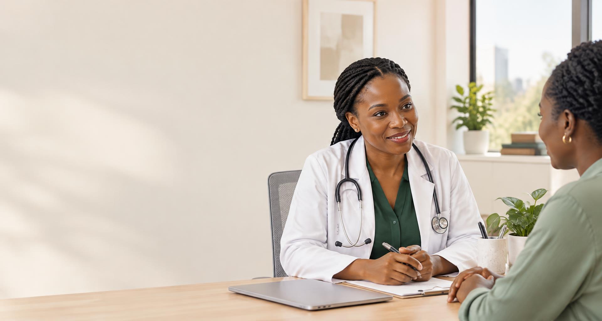 A clinician listening attentively to a patient in a calm consultation room